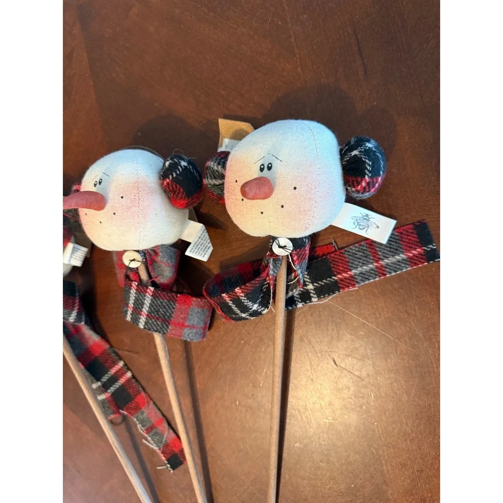 Honey and Me Primitive Snowman Head Floral Picks Set 3 Buffalo Plaid Decor read